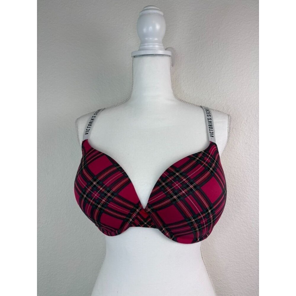 Victoria's Secret 36DD red plaid push up‎ t-shirt bra logo strap underwire
